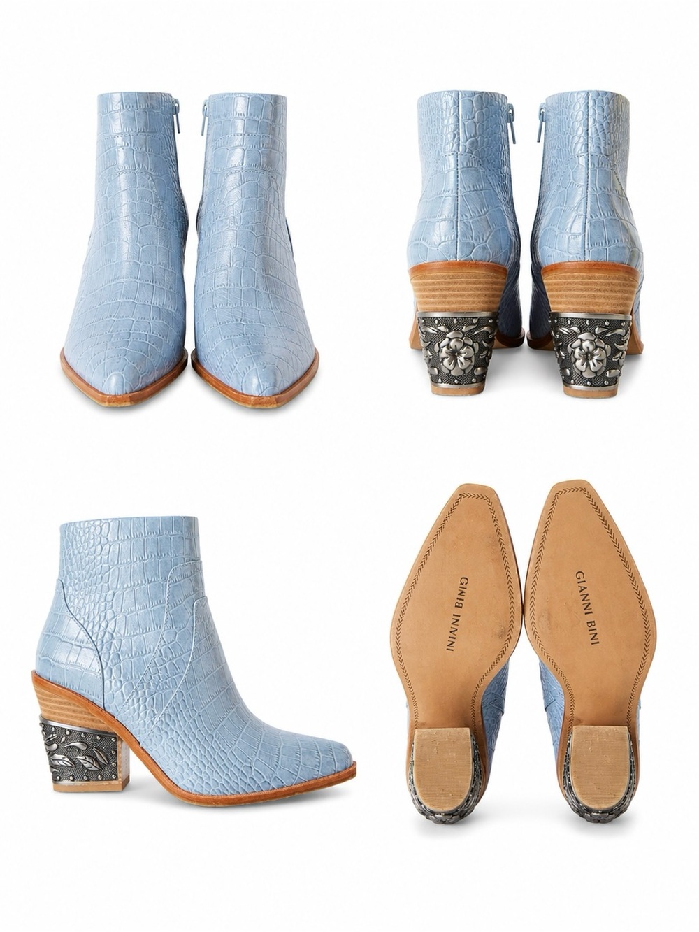 Gianni Bini Light Blue Croc-Embossed Ankle Booties with Sculpted Decorative Heel - Picture 2 of 2